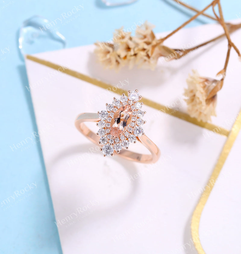 Antique Morganite engagement ring rose gold women | Vintage Marquise cut wedding ring |  Unique Halo Bridal ring | Anniversary gift for her