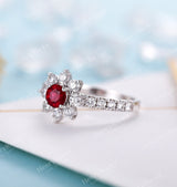 Engagement Ring White Gold Women | Unique Lab ruby/Lab sapphire bridal ring | Art deco Moissanite jewelry | vintage anniversary gift for her