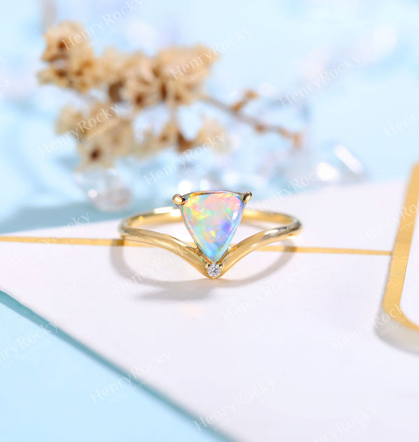 Art deco Opal Engagement Ring Women Yellow Gold | Antique Diamond Bridal Jewelry | Vintage triangle Promise Ring Anniversary Gift for Her