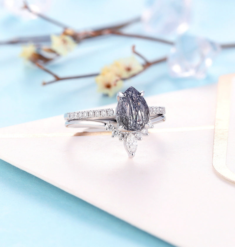 Black Rutilated Quartz Engagement Ring Set | Art deco White Gold ring | Antique Bridal Set | Pear cut wedding ring| Anniversary promise ring