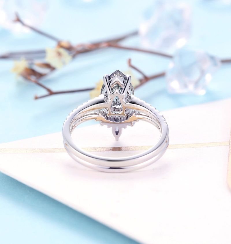 Black Rutilated Quartz Engagement Ring Set | Art deco White Gold ring | Antique Bridal Set | Pear cut wedding ring| Anniversary promise ring