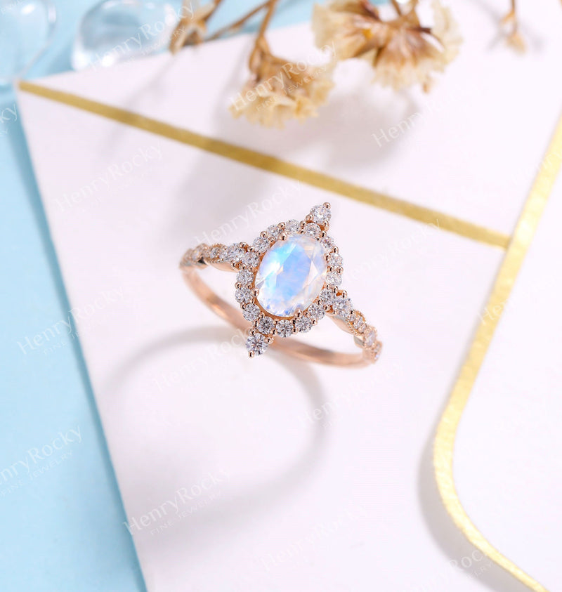 Moonstone engagement ring rose gold women | Vintage Halo wedding ring |  Art deco Moissanite jewelry Bridal ring | Anniversary gift for her