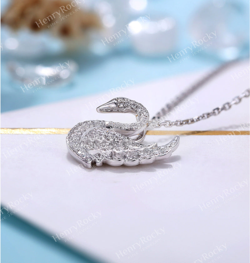 Diamond Pendant necklace women | Charm micro pave Swan Necklace | Unique necklace | Solid white gold necklace | Anniversary necklace