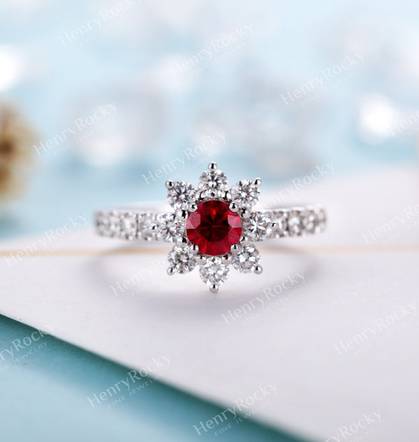 Engagement Ring White Gold Women | Unique Lab ruby/Lab sapphire bridal ring | Art deco Moissanite jewelry | vintage anniversary gift for her