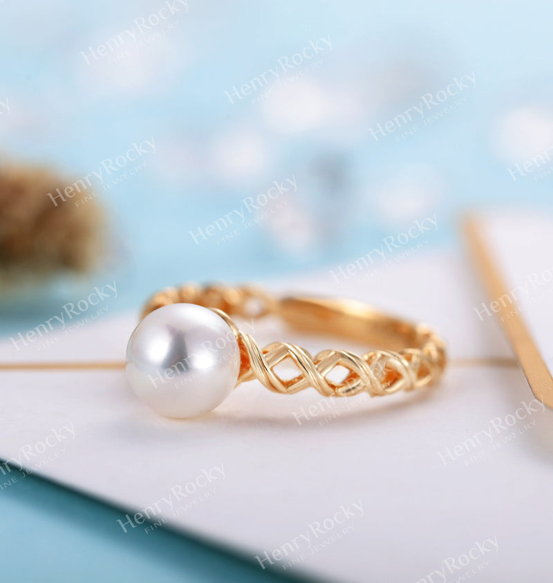 Art deco Akoya Pearl Engagement Ring Yellow gold Women | Unique Vintage Twisted Birthstone Bridal ring | Promise Ring Anniversary ring
