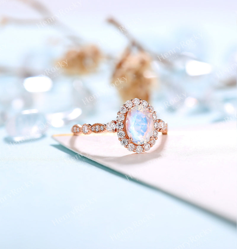Moonstone engagement ring rose gold women Vintage Halo wedding