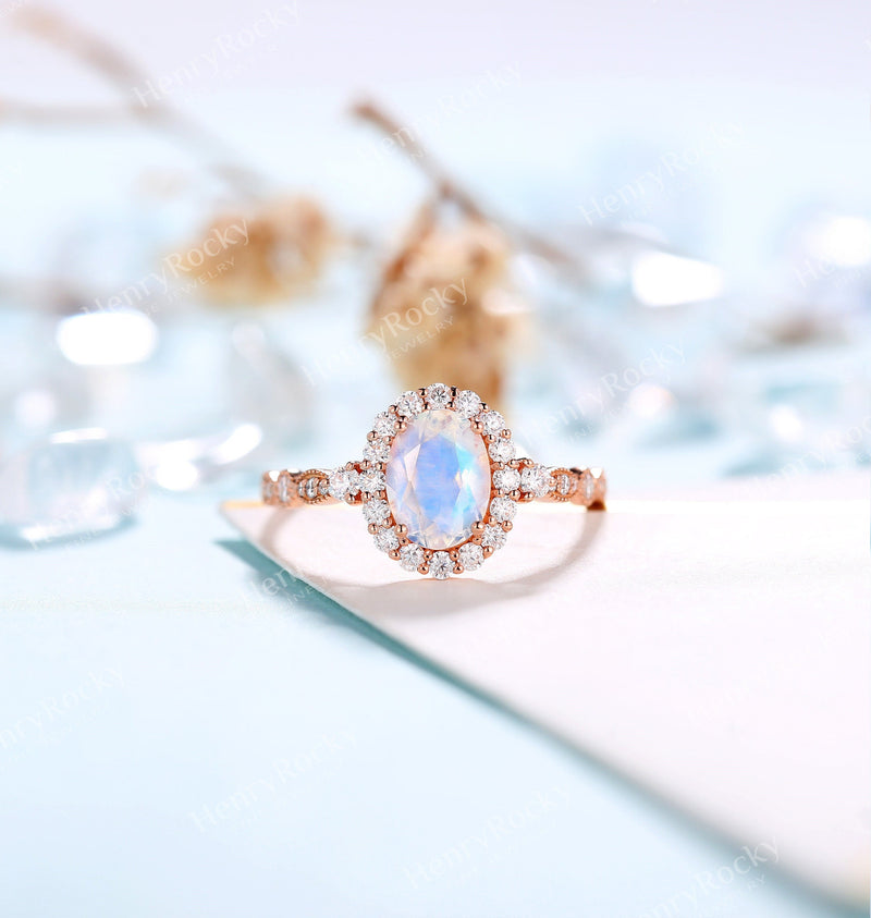 Moonstone engagement ring rose gold women | Vintage Halo wedding ring |  Art deco Moissanite jewelry Bridal ring | Anniversary gift for her