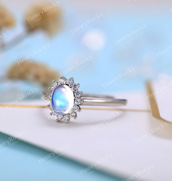 Antique Moonstone engagement ring women | Vintage floral wedding ring |  Unique white gold Bridal ring | Anniversary gift for her