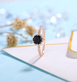 Black Onyx Engagement Ring rose gold Women | Antique prong set Bridal Jewelry | Unique half eternity Diamond Ring | Anniversary Gift for Her