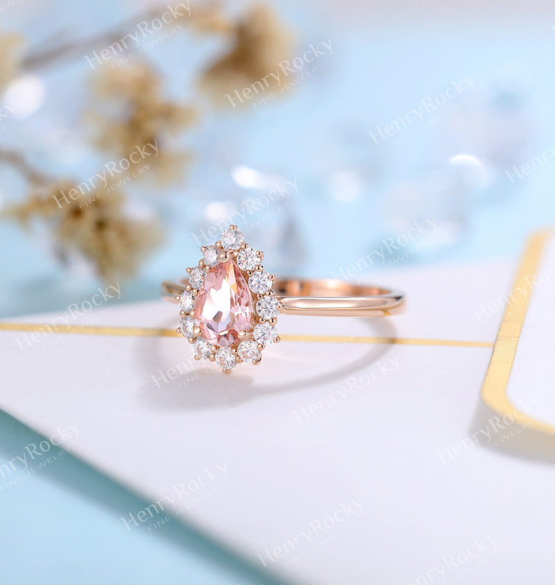 Antique Morganite engagement ring rose gold women | Vintage pear shaped wedding ring |  Unique Halo Bridal ring | Anniversary gift for her