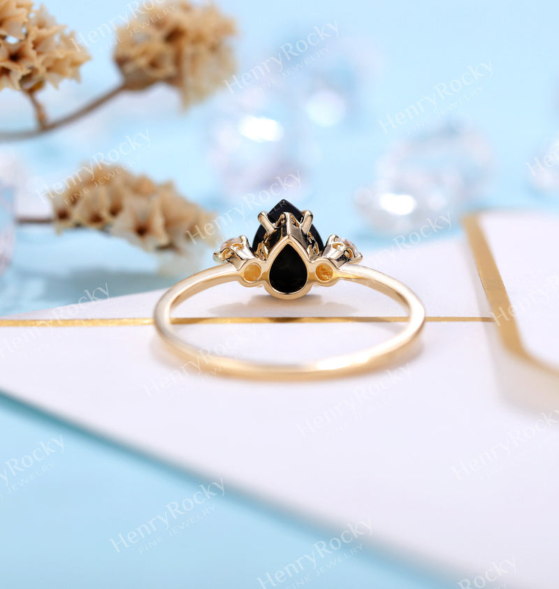 Black Onyx Engagement Ring pear shaped Women | Antique Yellow gold Bridal Jewelry | Art deco Diamond Ring | Unique Anniversary Gift for Her