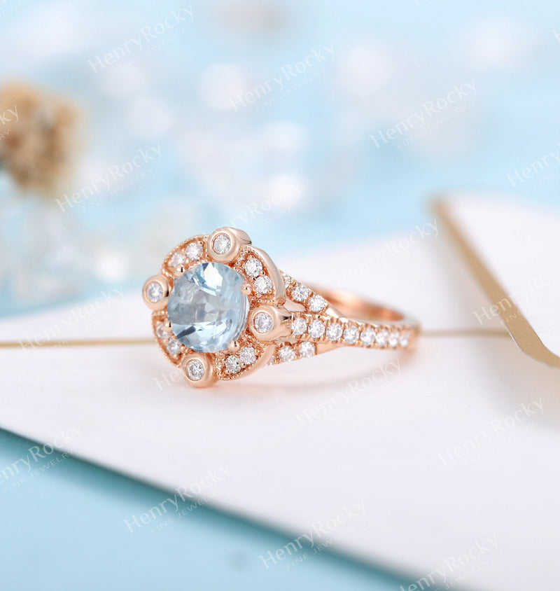 Art deco Aquamarine/Morganite Engagement Ring Rose gold Women | Unique Halo Milgrain Bridal jewelry | Promise Ring Anniversary gifts for her