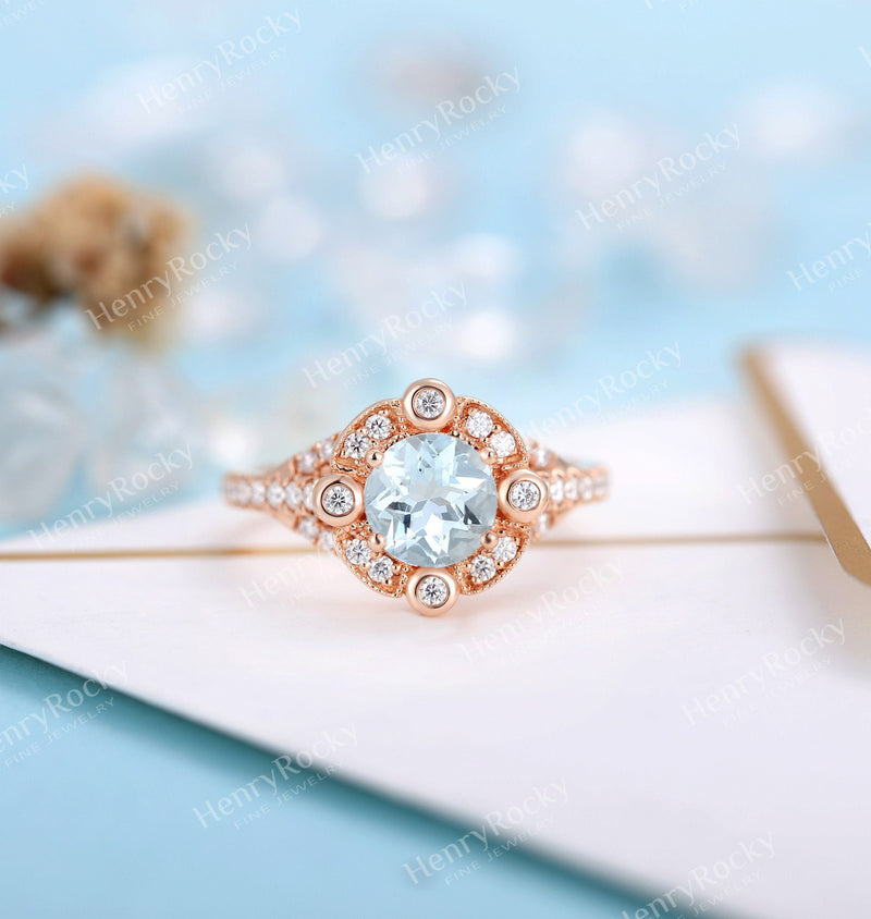 Art deco Aquamarine/Morganite Engagement Ring Rose gold Women | Unique Halo Milgrain Bridal jewelry | Promise Ring Anniversary gifts for her