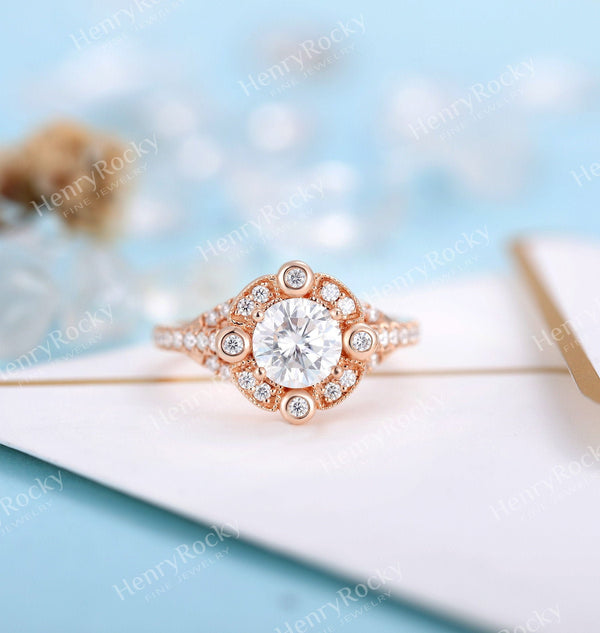 Art deco Moissanite Engagement Ring Rose gold Women | Unique Halo Milgrain round cut Bridal jewelry | Promise Ring Anniversary gifts for her