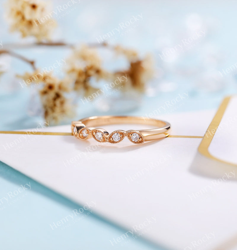 Diamond wedding band women | rose gold band | vintage round cut bridal ring | wedding ring| unique promise ring anniversary gift for her