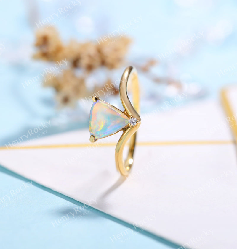 Art deco Opal Engagement Ring Women Yellow Gold | Antique Diamond Bridal Jewelry | Vintage triangle Promise Ring Anniversary Gift for Her
