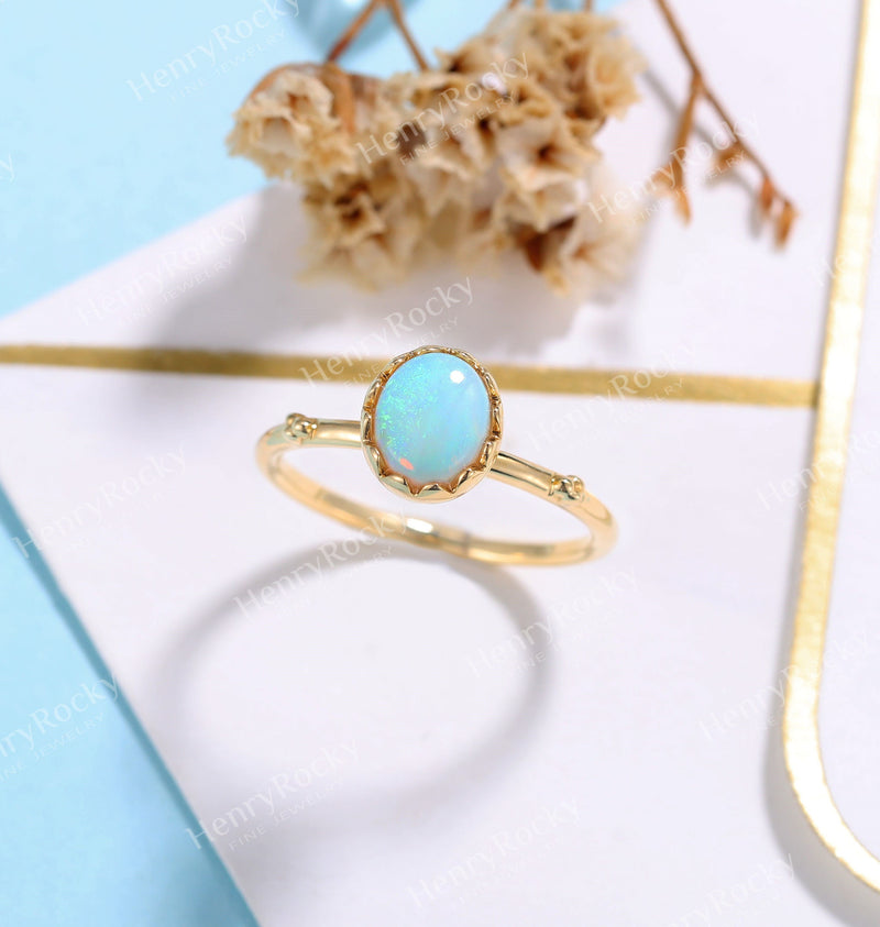 Art deco Opal Engagement Ring Women Yellow Gold | Antique Oval cut Bridal Jewelry | Vintage Promise Ring | Anniversary Gift for Her