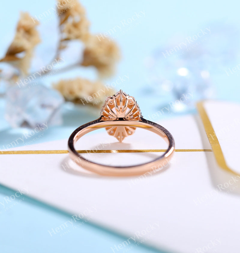 Antique Morganite engagement ring rose gold women | Vintage round cut wedding ring |  Unique Halo Bridal ring | Anniversary gift for her