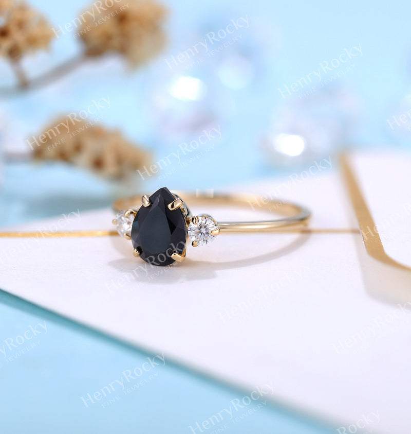 Black Onyx Engagement Ring pear shaped Women | Antique Yellow gold Bridal Jewelry | Art deco Diamond Ring | Unique Anniversary Gift for Her