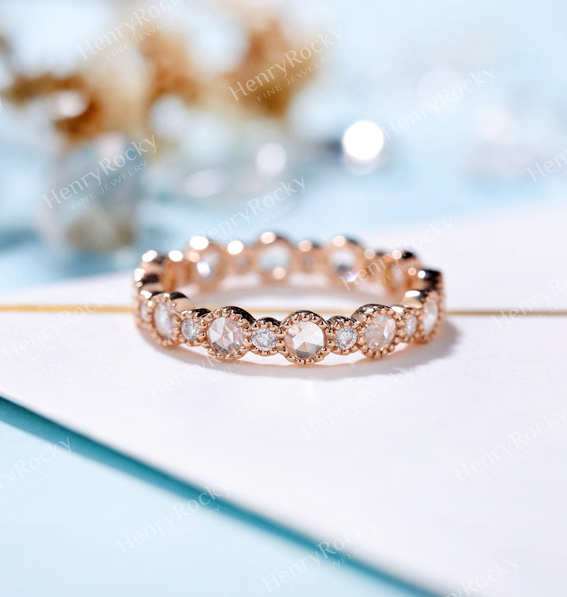 Diamond wedding band women | rose gold band | unique rose cut bridal ring | matching wedding ring | promise ring anniversary gift for her