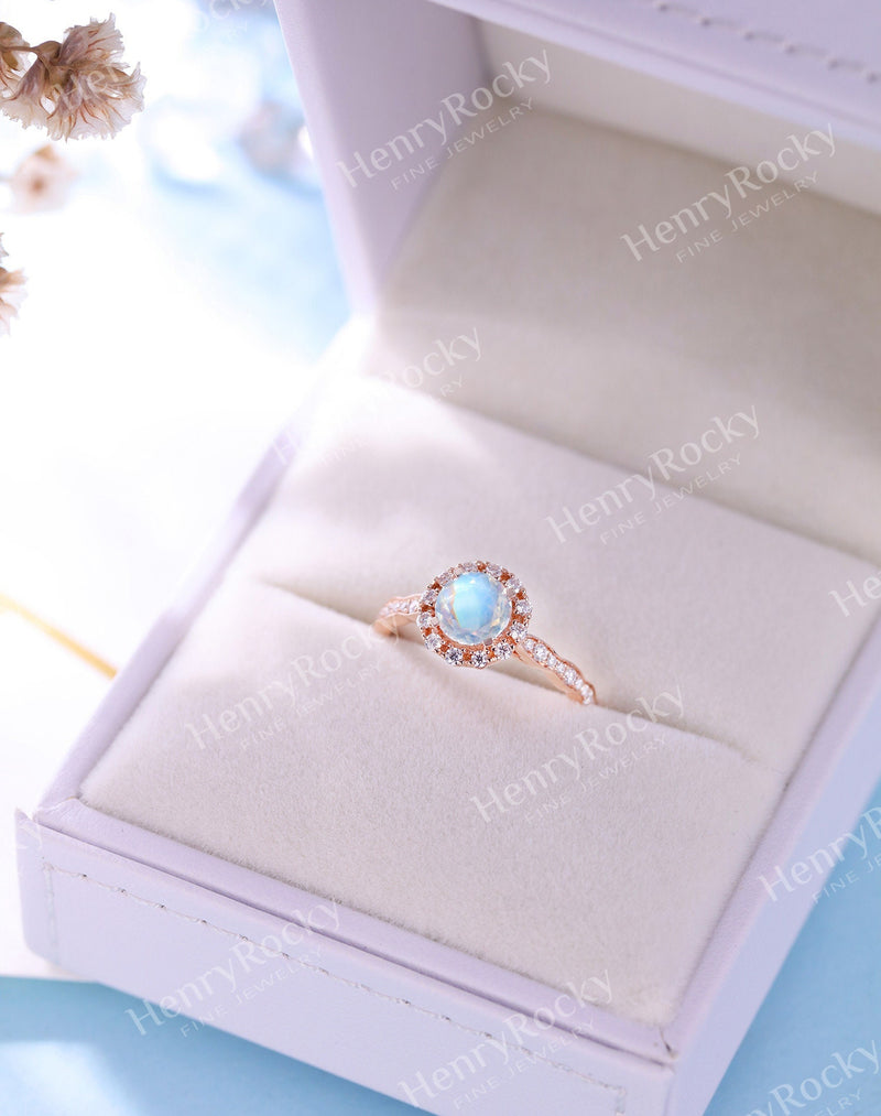 Vintage Moonstone Rose Gold Engagement Ring Women | Antique Half Eternity Halo Bridal Jewelry | Unique Promise Ring Her Anniversary Gifts