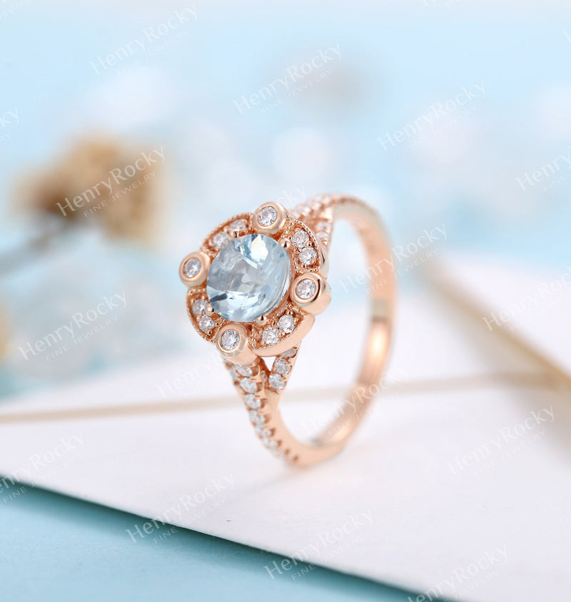 Art deco Aquamarine/Morganite Engagement Ring Rose gold Women