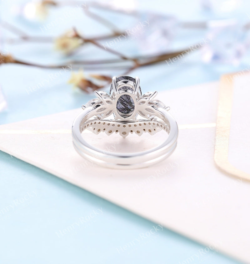 Black Rutilated Quartz  Engagement Ring | Half Eternity Oval shaped Vintage Bridal Set | Moissanite wedding band | Anniversary promise ring
