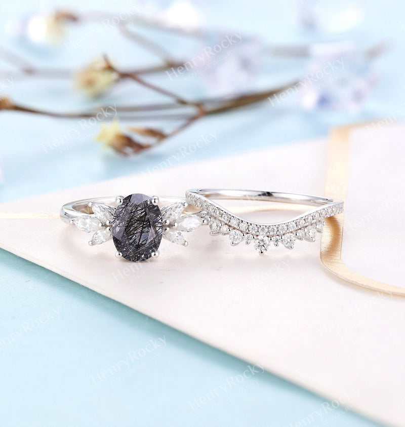 Black Rutilated Quartz  Engagement Ring | Half Eternity Oval shaped Vintage Bridal Set | Moissanite wedding band | Anniversary promise ring