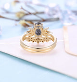 Black Rutilated Quartz  Engagement Ring yellow Gold | Half Eternity Oval shaped Bridal set I Unique Black Diamond ring | Anniversary ring