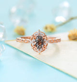 Black Rutilated Quartz   Engagement Ring Women Rose Gold | Antique Oval cut Bridal Jewelry | Art deco Halo Ring Milgrain | Anniversary ring
