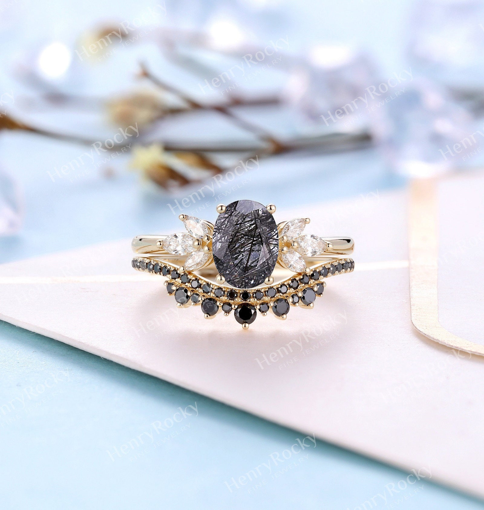 3 PC Black rutilated Quartz Ring, Engagement Ring Set, Rutilated high quality Quartz Ring, Rose Gold Ring, Wedding Ring, Vintage Art Deco Ring, Promise