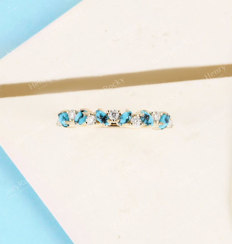 Antique Turquoise Wedding Band Rose Gold Women | Vintage Moissanite Stacking Bridal Ring | Art Deco Diamond Promise Ring | Anniversary ring