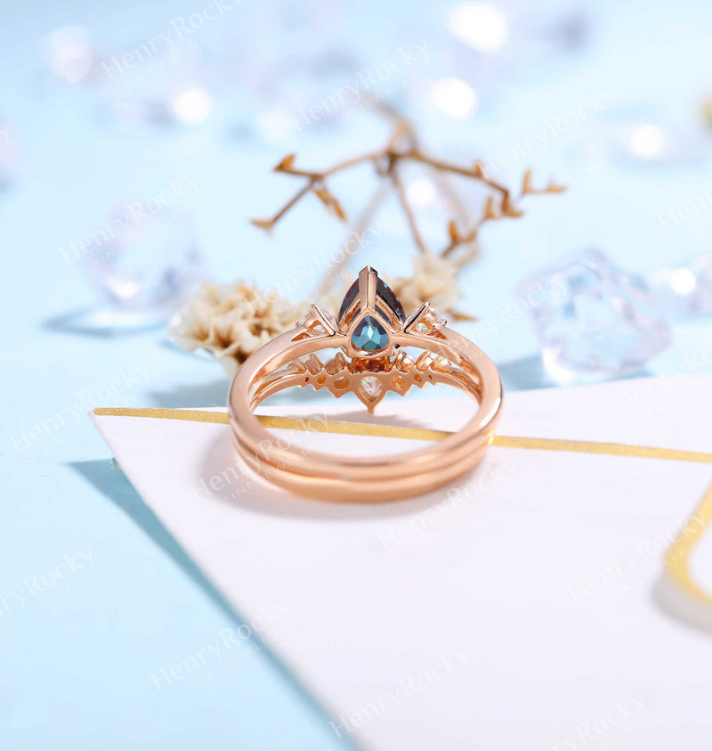 Alexandrite Engagement Ring Rose Gold Ring | Antique Moissanite Half Eternity Bridal Set | Art deco Wedding ring | Anniversary Promise ring