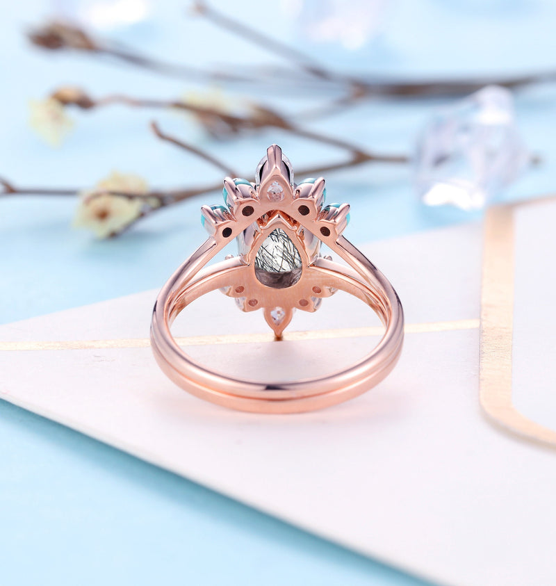 Black Rutilated Quartz Vintage Engagement Ring | Art deco Pear shaped Diamond Bridal Set | Antique turquoise wedding band | Anniversary ring