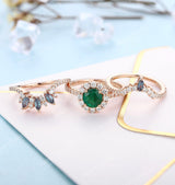 Art deco Emerald Engagement Ring Set | Antique Rose Gold Moissanite Wedding Band | Vintage Alexandrite Bridal Ring | Promise Anniversary