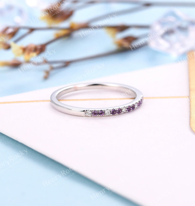 Delicate Wedding Band White Gold Women | Vintage Diamond wedding ring Stacking Amethyst jewelry|Unique Promise Ring Anniversary Gift for her