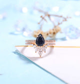 Blue Sandstone Engagement Ring Rose Gold Women | Marquise Moissanite Half Eternity Bridal Set | Unique Wedding Set | Anniversary Rings