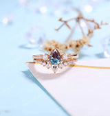 Alexandrite Engagement Ring Rose Gold Ring | Antique Moissanite Half Eternity Bridal Set | Art deco Wedding ring | Anniversary Promise ring