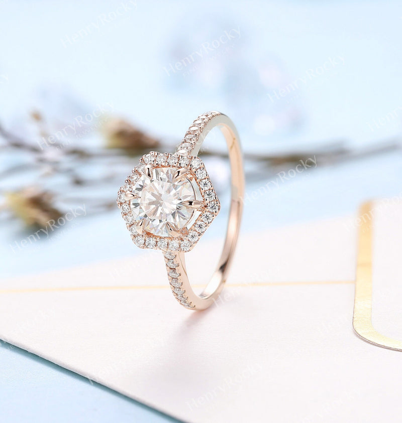 Art deco Moissanite Engagement women Ring | Unique Halo Round shaped Bridal ring | Antique Rose gold wedding ring | Anniversary Promise ring