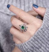 Art deco Emerald Engagement Ring Set | Antique Rose Gold Moissanite Wedding Band | Vintage Alexandrite Bridal Ring | Promise Anniversary