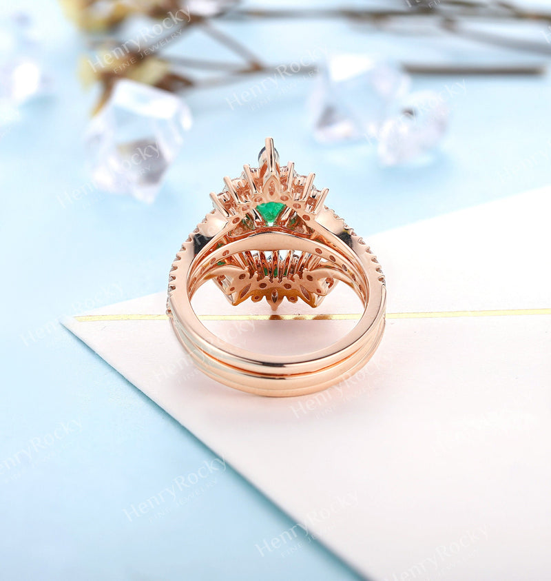 Art deco Emerald Engagement Ring Set | Antique Rose Gold Moissanite Wedding Band | Vintage Alexandrite Bridal Ring | Promise Anniversary