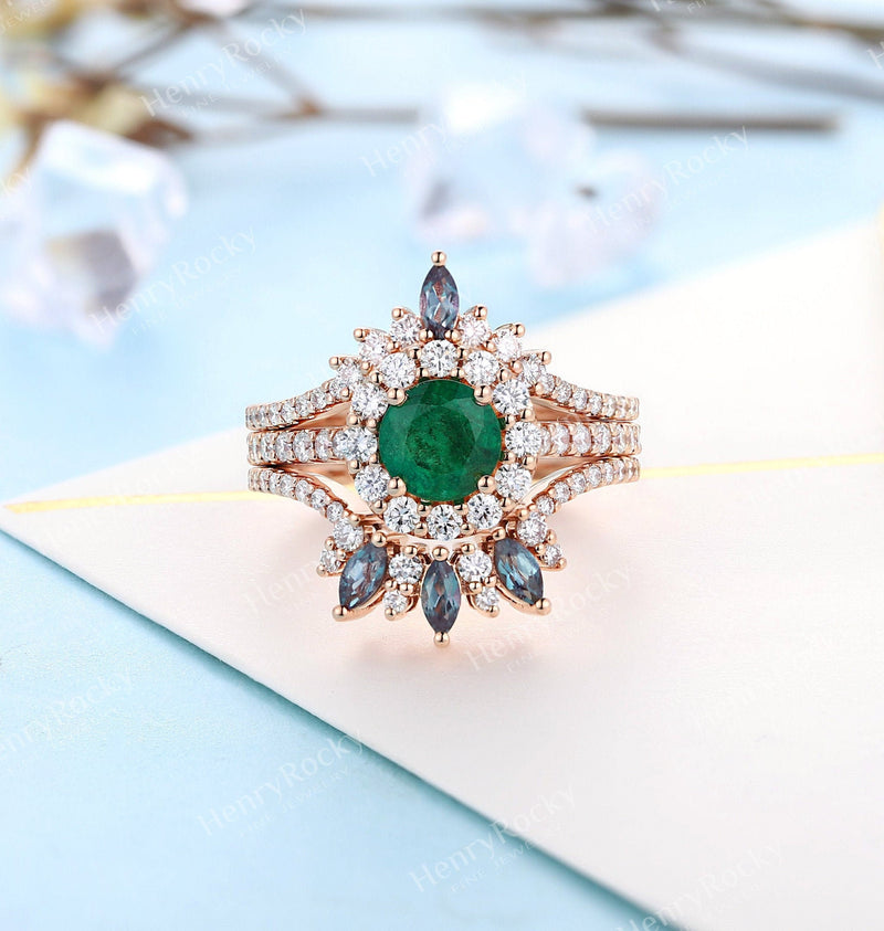 Art deco Emerald Engagement Ring Set | Antique Rose Gold Moissanite Wedding Band | Vintage Alexandrite Bridal Ring | Promise Anniversary