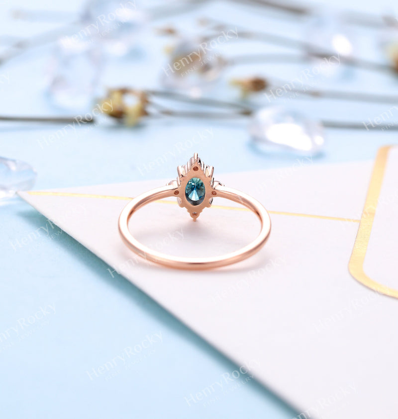 Antique Teal Sapphire Engagement Ring | Vintage Oval cut Rose gold wedding ring | Art deco Diamond Ring |Anniversary Promise Rings for women