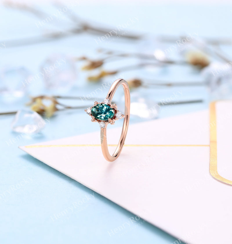 Antique Teal Sapphire Engagement Ring Vintage Oval cut Rose gold wedding ring Art deco Diamond Ring |Anniversary Promise Rings for women