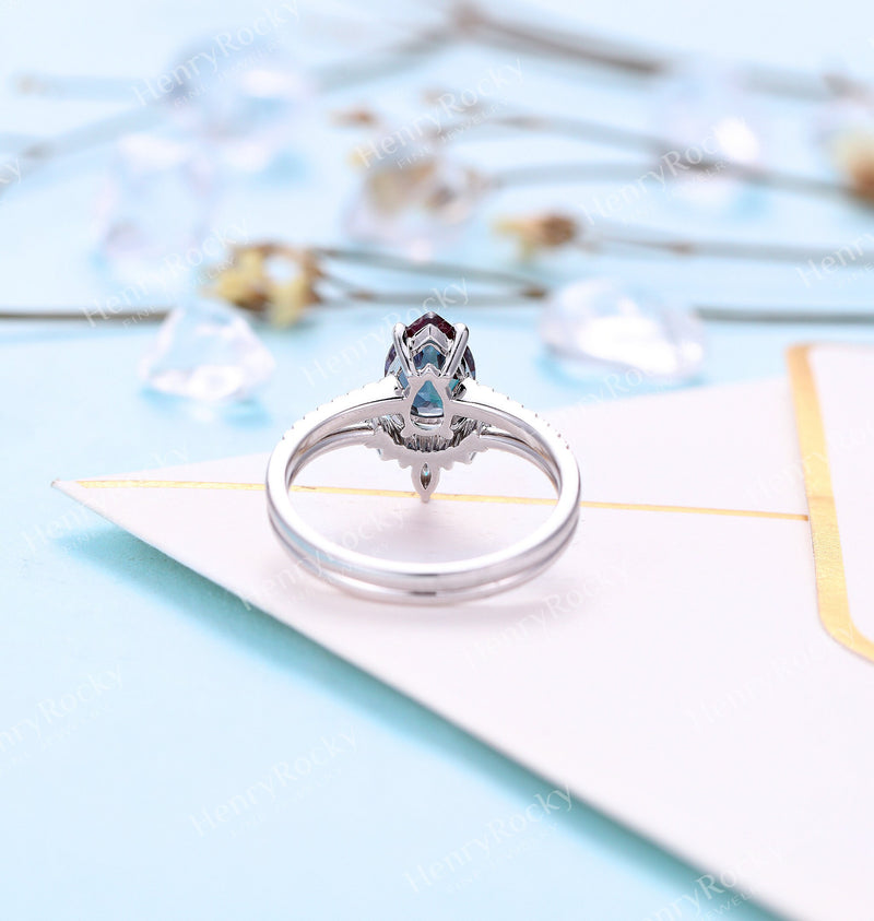 Pear shaped Alexandrite Engagement Ring White Gold Women | Antique Half Eternity Bridal Set|Unique Marquise Wedding Set| Anniversary for her