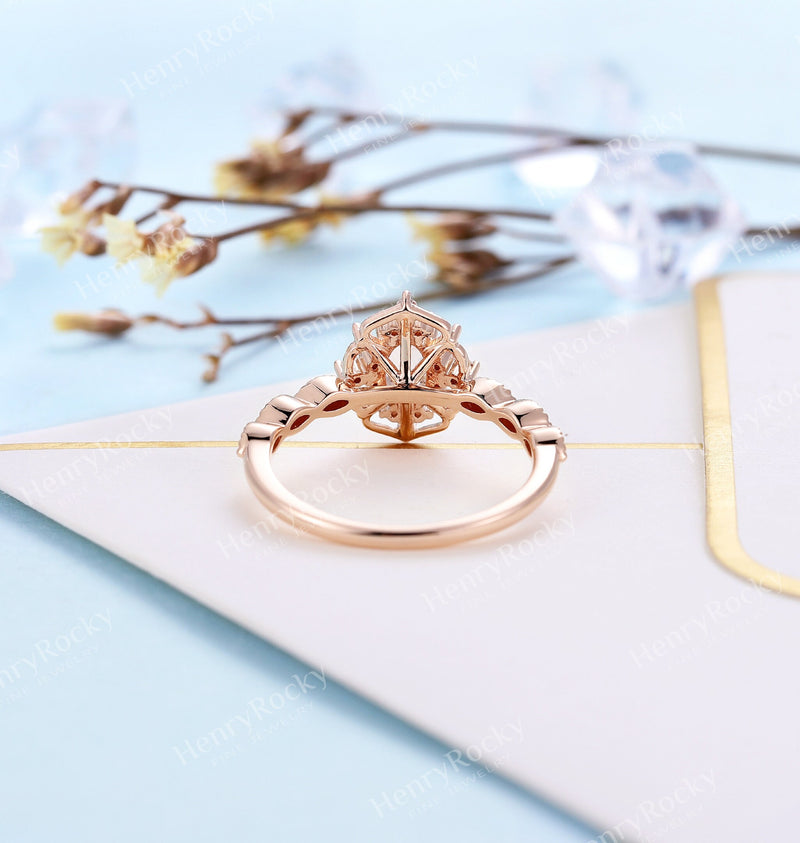 Art deco Morganite Engagement Ring | Vintage Rose Gold Diamond Ring | Antique Oval shaped Milgrain wedding ring | Unique Anniversary ring