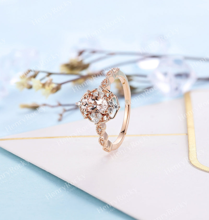 Art deco Morganite Engagement Ring | Vintage Rose Gold Diamond Ring | Antique Oval shaped Milgrain wedding ring | Unique Anniversary ring