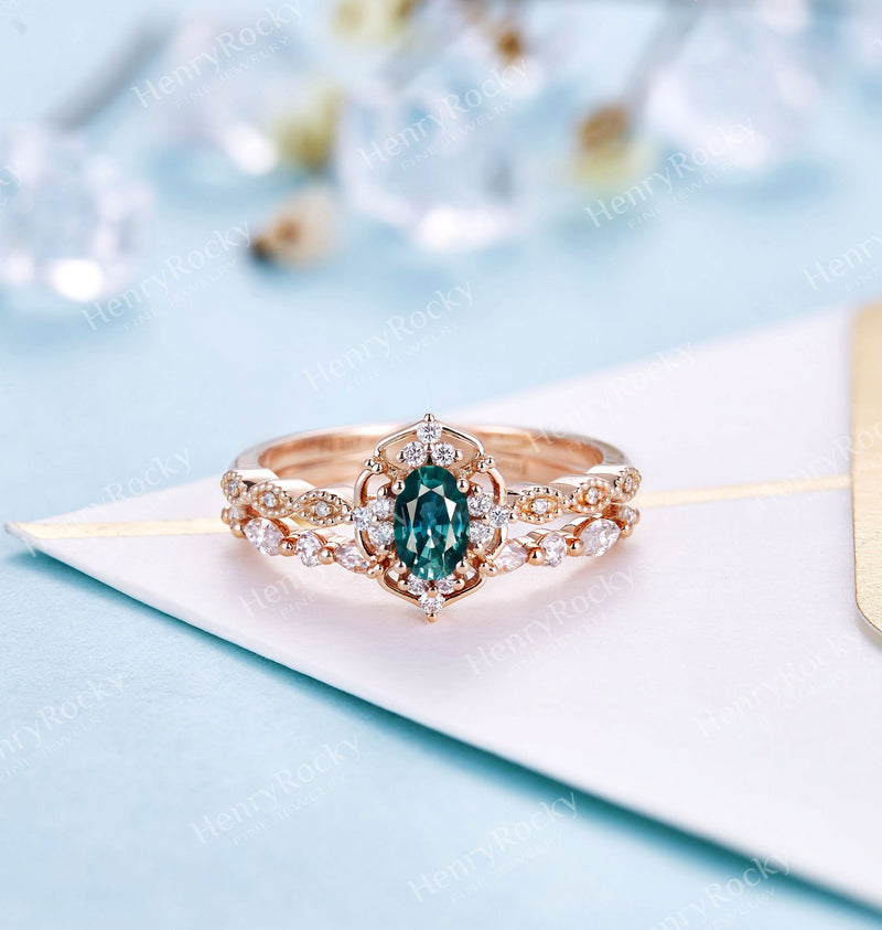 Art deco teal sapphire engagement ring set | Antique rose gold bridal set | Vintage diamond milgrain wedding ring set | Anniversary promise