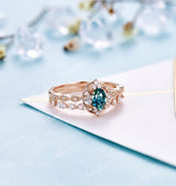 Art deco teal sapphire engagement ring set | Antique rose gold bridal set | Vintage diamond milgrain wedding ring set | Anniversary promise
