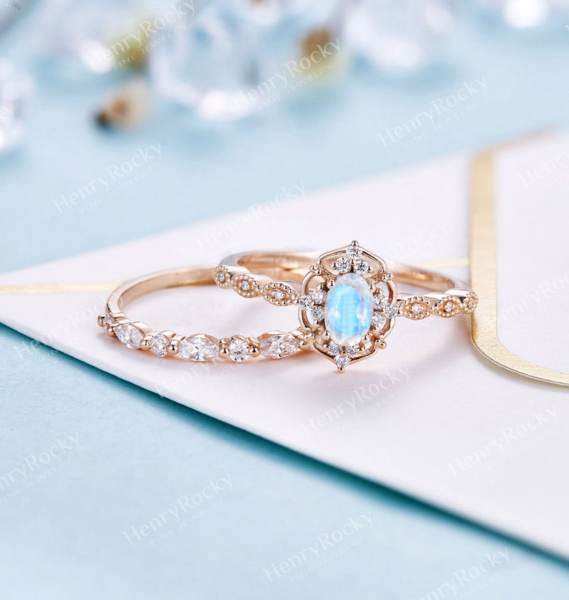 Art deco Moonstone engagement ring set | Antique rose gold bridal set | Vintage diamond milgrain wedding ring set | Anniversary promise ring